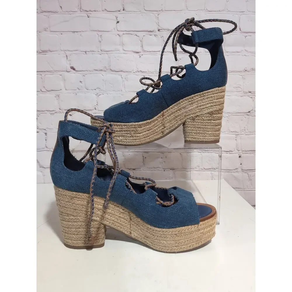 Tory Burch 8.5 Positano Platform Espadrille Heeled Lace Up Denim Blue